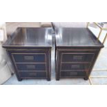 SIDE CHESTS, a pair, Asian style, black lacquer finish, with three drawers,