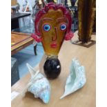 MURANO STYLE GLASS COLLECTION, including a bust and two shells, 40cm highest.