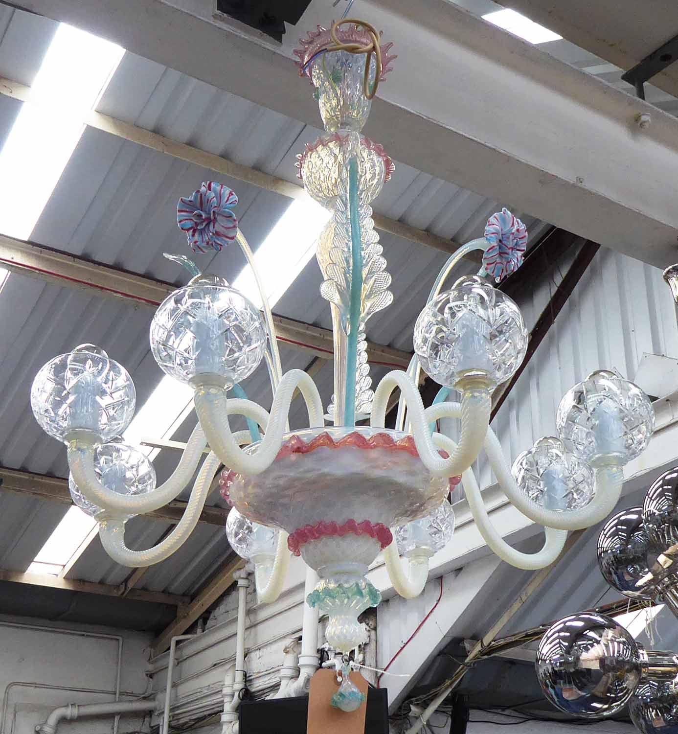 CHANDELIER, eight branch, Murano glass, with swept arms and glass shades, 98cm H, plus chain.