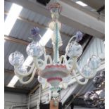 CHANDELIER, eight branch, Murano glass, with swept arms and glass shades, 98cm H, plus chain.