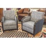 ARMCHAIRS, a pair, Art Deco design, ebonised, in patterned blue and velvet upholstery, 64cm W.