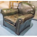 ARMCHAIR, mid 20th century, in dark green leather, with cushion seat, 102cm W.