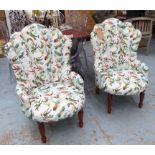 SALON CHAIRS, a pair, in a humming bird design fabric, on turned supports, 63cm W.