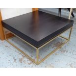 LOW TABLE, square black top on gold coloured metal base, 90cm sq. x 42cm H.