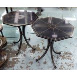 LAMP TABLES, a pair, the inlaid ebonised octagonal tops on swept quadraform supports,