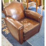 CLUB ARMCHAIRS, a pair, French Art Deco design, in hand finished, leaf brown leather.