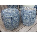 BARREL STOOLS, a pair, Chinese export style, blue and white ceramic, 23cm H.