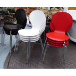 STACKING DINING CHAIRS, a set of twelve, black, white and red laminate,