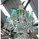 CHANDELIER, five branch, Bohemian glass, with swept arms and sea green glass shades, 74cm H,