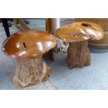 CHILDREN'S WOODEN MUSHROOM STOOLS, a matched pair, natural wood, polished tops, 50cm H x 51cm diam.