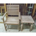 GARDEN ARMCHAIRS, a pair, weathered slatted teak, together with a conforming small table by Lister,