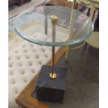 OCCASIONAL TABLE, with a circular bevelled glass top on raised square marble platform base,