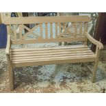 GARDEN BENCH, teak slatted, painted, with X back, 128cm W.