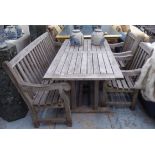 GARDEN DINING SET, 'English Country House' style, including two chairs, a table and bench,