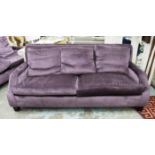 ANDREW MARTIN SOFA, purple velvet with cushion seat and back, 227cm W.