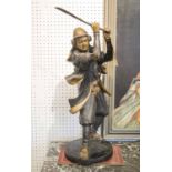 A LARGE VINTAGE PATINATED BRONZE SAMURAI WARRIOR, 64cm H approx.