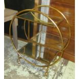 TROLLEY, Art Deco style gilt metal framed, three tier, each with a bevelled glass top on wheels,