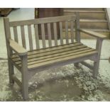 GARDEN BENCH, weathered teak slatted with flat top arms, 133cm W.