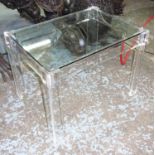 SIDE TABLE, glass top on square Perspex supports, 74cm x 54cm x 52cm H.