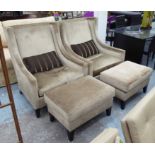 WING ARMCHAIRS, a pair, in beige fabric studded on square supports, 81cm W,