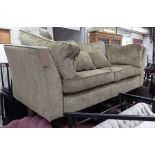 COLLINS & HAYES SOFA, two seater, in greenish ribbed silk fabric with cushions on block supports,