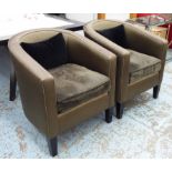 CLUB CHAIRS, a pair, in light brown on square supports with cushions, 69cm W.