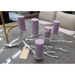 TABLE CENTRE PIECE, contemporary foliate design, with purple pillar candles, 80cm W.
