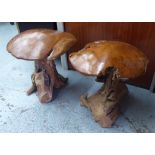 CHILDREN'S WOODEN MUSHROOM STOOLS, a large pair, natural wood, polished tops, 49cm H x 49cm.