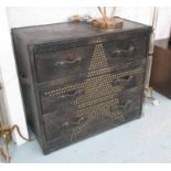 CHEST, of three drawers in leather finish with studded front, 100cm x 50cm x 89cm H.