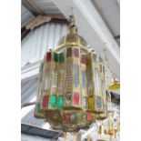 MOROCCAN RIAD LANTERN, brass with coloured glass detail, 100cm drop approx.