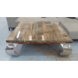 OCCASIONAL TABLE, with reclaimed wooden top with glass on a chromed metal support,
