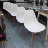 DINING CHAIRS, a set of six, white wooden legs, 46cm W.