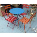 BISTRO TABLE, blue 65cm W and two folding red chairs and two orange chairs.