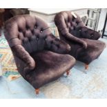 TUB ARMCHAIRS, a pair in brown velvet with buttoned backs on turned supports and castors, 70cm W.