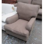 GEORGE SMITH ARMCHAIR, in brown fabric on square tapering supports and nickel castors,