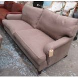 GEORGE SMITH SOFA, in brown fabric on square tapering supports and nickel castors,