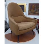 ARMCHAIR, brown fabric on circular supports, 77cm W.