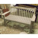 GARDEN BENCH, weathered teak and slatted with flat top arms, 135cm W.