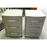 BEDSIDE CHESTS, a pair, in a painted finish with three short drawers below,