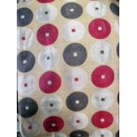 CURTAINS, a pair, in a geometric circled fabric lined, 240cm x 228cm drop.