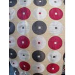 CURTAINS, a pair, in a geometric circled fabric lined, 218cm x 224cm drop.
