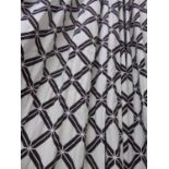 CURTAINS, a pair, geometric pattern, lined and interlined, 130cm x 250cm drop.
