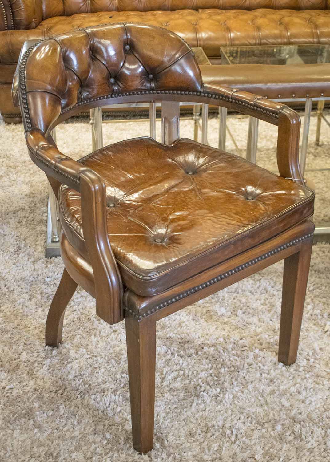 DESK CHAIR, George III design hand finished leaf brown buttoned curved back and buttoned cushion,