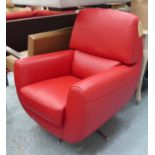 EASY CHAIR, in red leather, on a swivel chromed metal base, 85cm W.