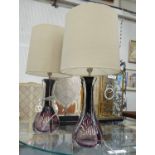 PORTA ROMANA LAMPS, a pair, cranberry coloured tinted glass shaped columns, with silk shades,