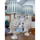 SHELL TABLE LAMPS, a pair, contemporary, with pleated harlequin shades, 81cm H.