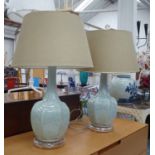 TABLE LAMPS, a pair, Celadon style, with shades, 80cm H.