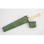 A LATE 18TH CENTURY SHAGREEN AND SILVER CASE, with ivory ruler and later silver propelling pencil.