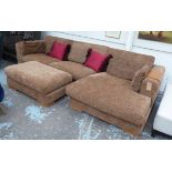 CORNER SOFA, in brown fabric on block supports, 346cm x 162cm plus matching footstool.