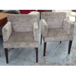 BRIDGE STYLE ARMCHAIRS, a set of four silver grey velvet on square supports, 60cm W.